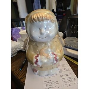 NEW Vintage Design Pac Angel Cookie Jar Beige Red Plaid Heart Wings